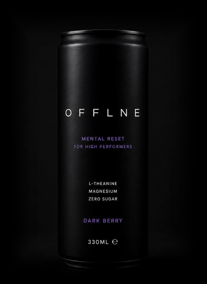 Matte black OFFLNE functional beverage can